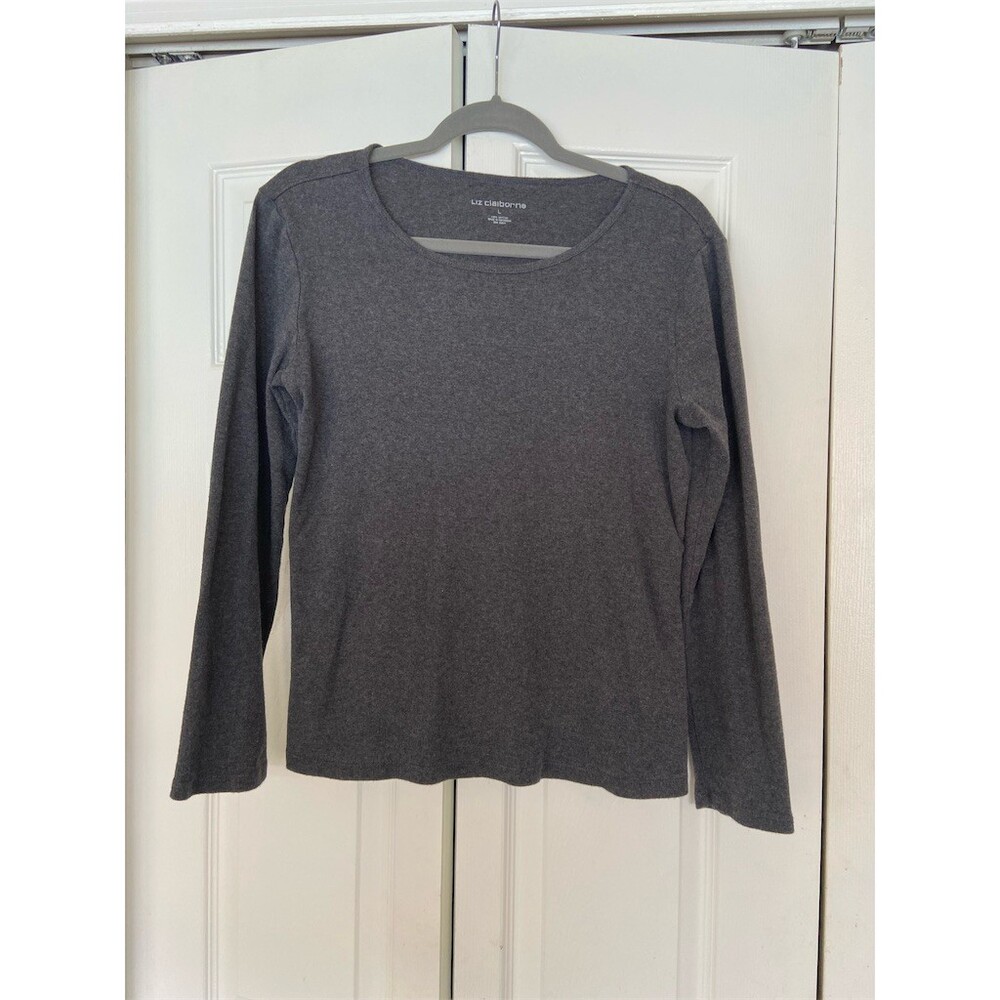 Liz Claiborne T-Shirt Womens Size L Heather Gray Long Sleeve Crew Neck